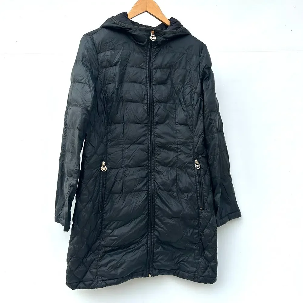 Michael Kors Lightweight Down Packable Long Hooded Jacket Black Small